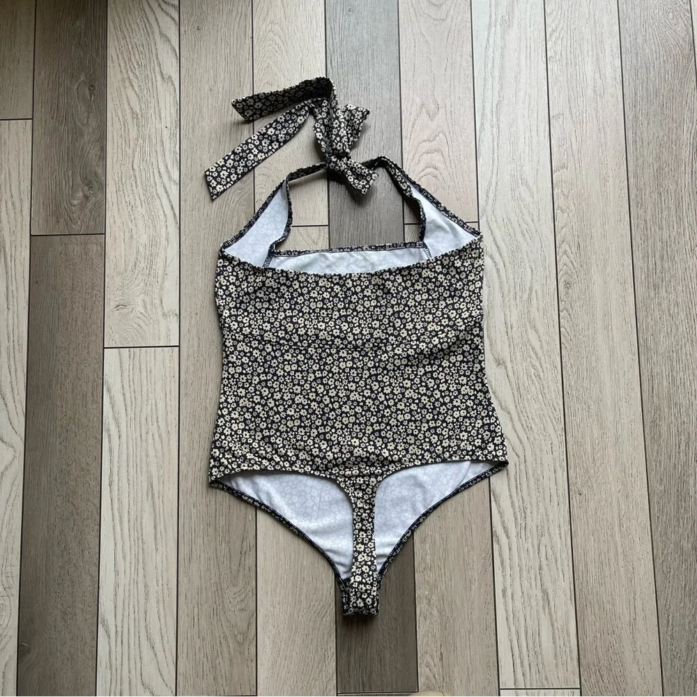 Free People Black and Cream Floral Bodysuit